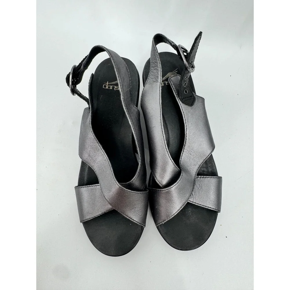 Dansko Sandal Women 37 Silver Metallic Leather Platform Wedge Slingback